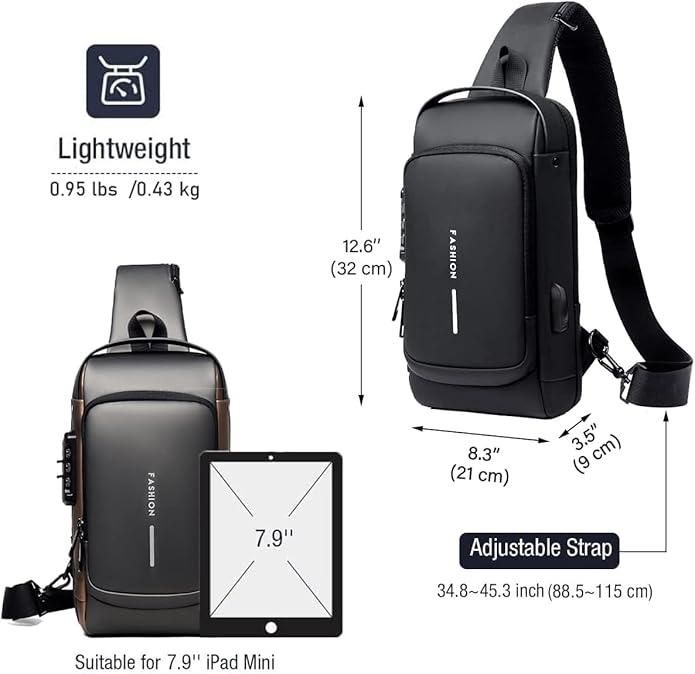 Unisex Anti-Theft Sling Bag with USB Port – Lightweight – Water Resistant – Shoulder & Chest Bag