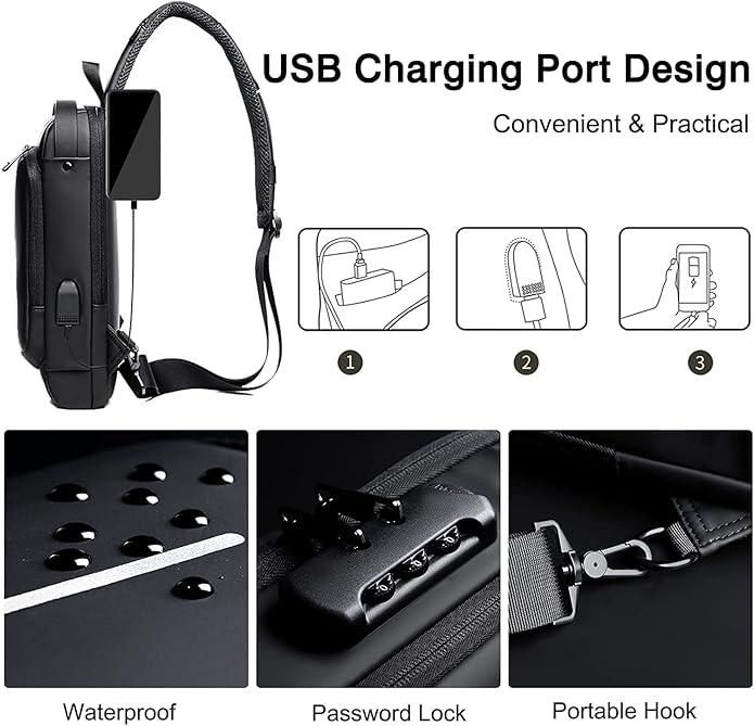 Unisex Anti-Theft Sling Bag with USB Port – Lightweight – Water Resistant – Shoulder & Chest Bag